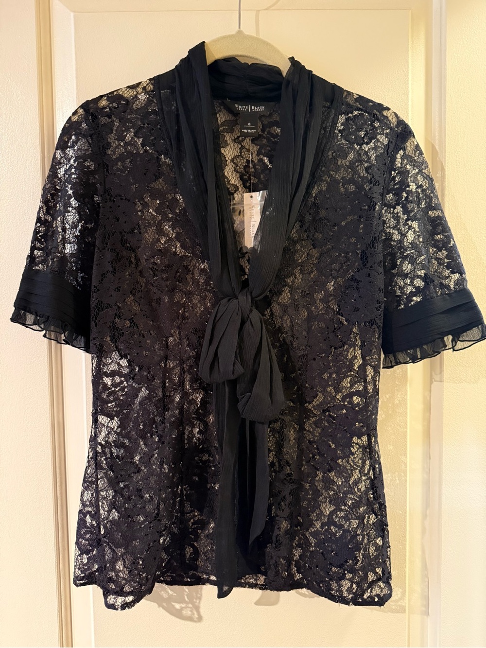 NWT - White House Black Market Black Lace Tie-Neck Blouse